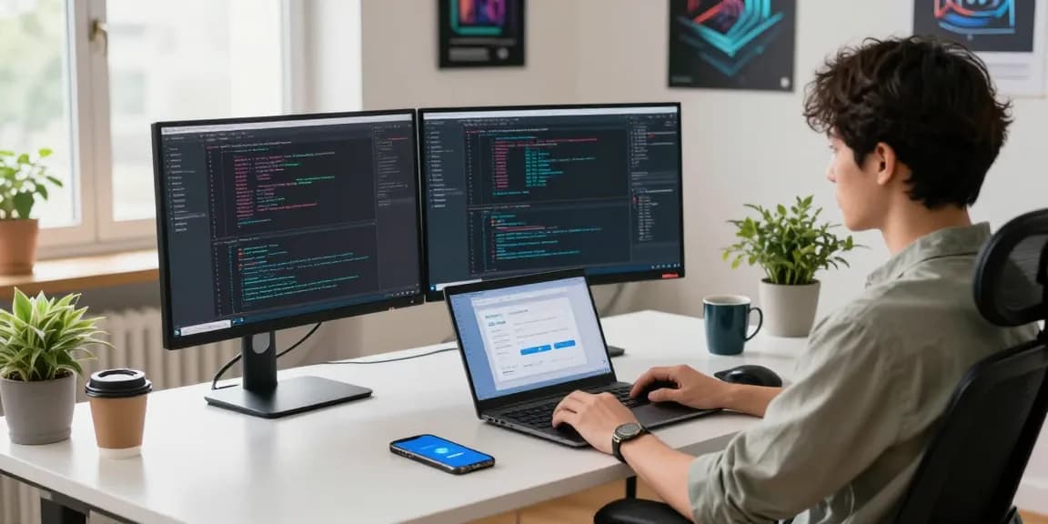 Telegram Download showcased in a tech workspace with coding setup and app interface.