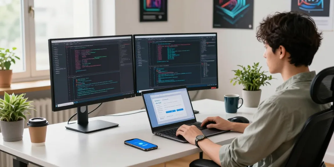 Telegram Download showcased in a tech workspace with coding setup and app interface.
