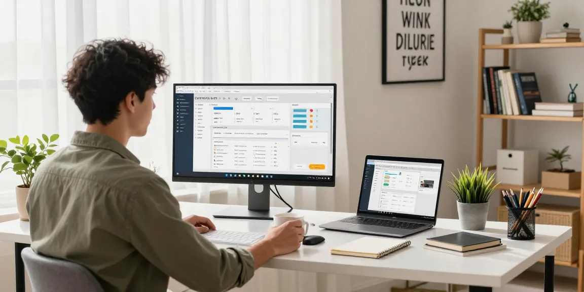 Download WPS Office in a modern home office workspace with productivity tools and natural light.