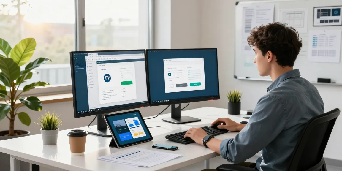 WPS Download in a modern tech workspace featuring a focused professional using multiple screens and tech gadgets.