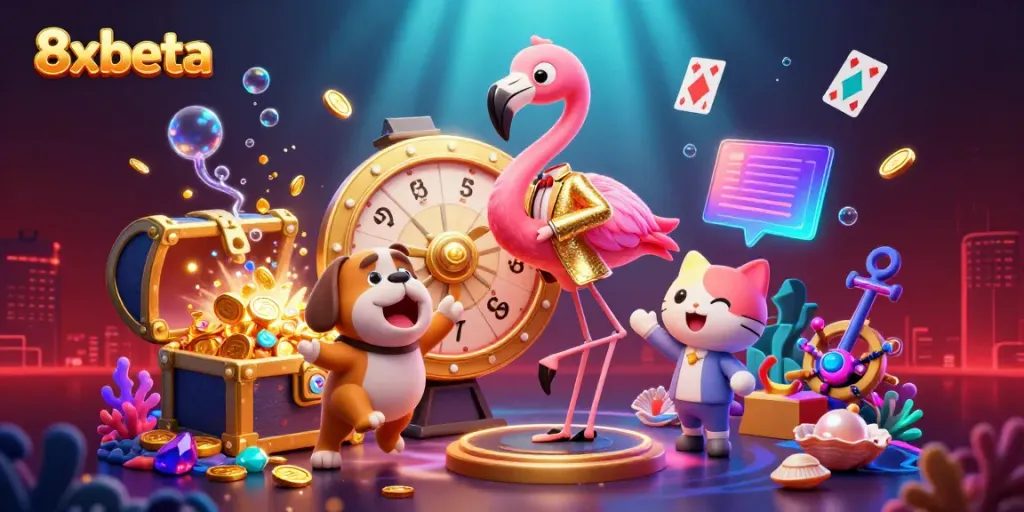 Engage in thrilling gambling action with the vibrant 8xbeta game show scene featuring excited characters and dazzling prizes.