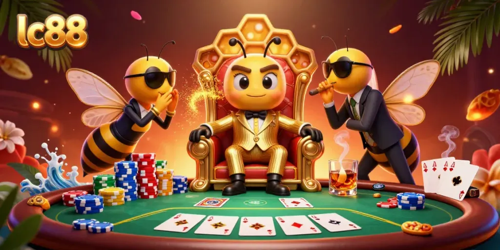 Experience fun at lc88 poker tables with cartoon characters in a vibrant casino scene.