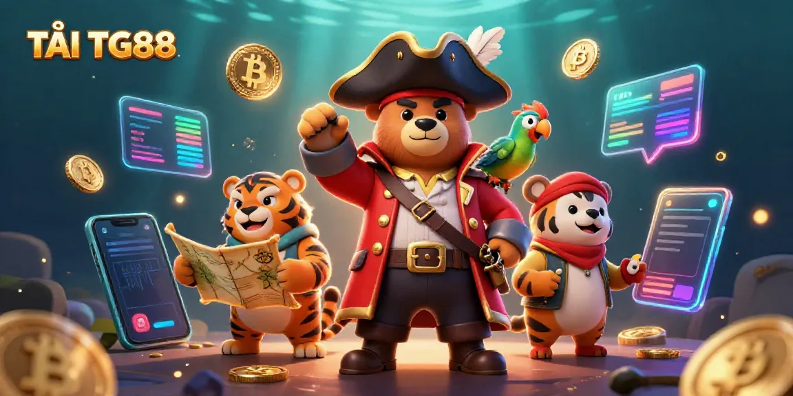 TẢI TG88 easily by exploring vibrant games and crypto elements in an engaging pirate-themed scene.