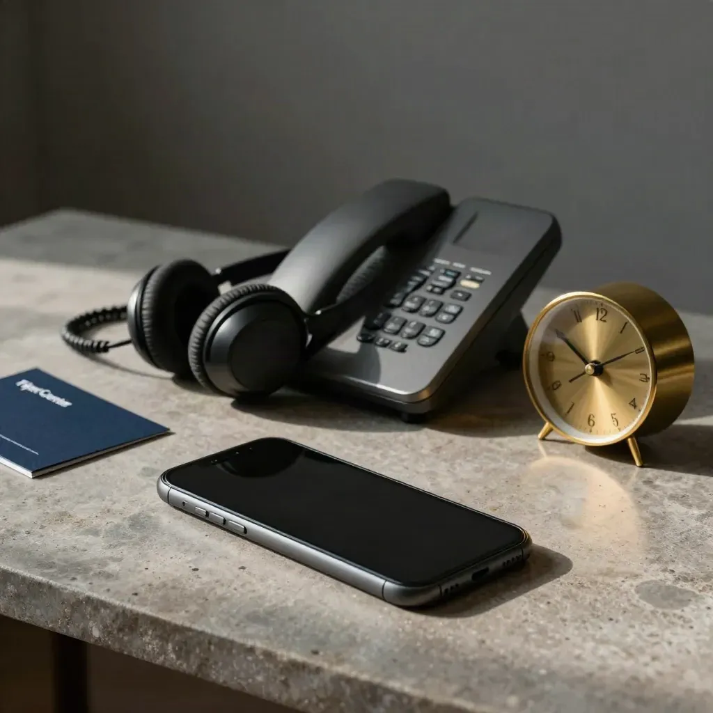 Mobil, headset, telefonbas och klocka på stenyta i en lugn bokningsscen
