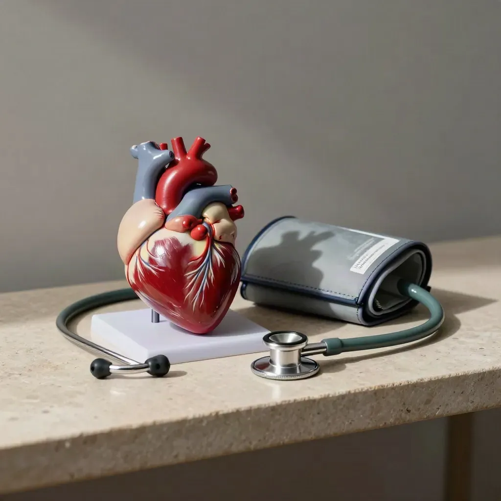 Stetoskop, blodtrycksmanschett och anatomisk hjärtmodell på en klinikhylla