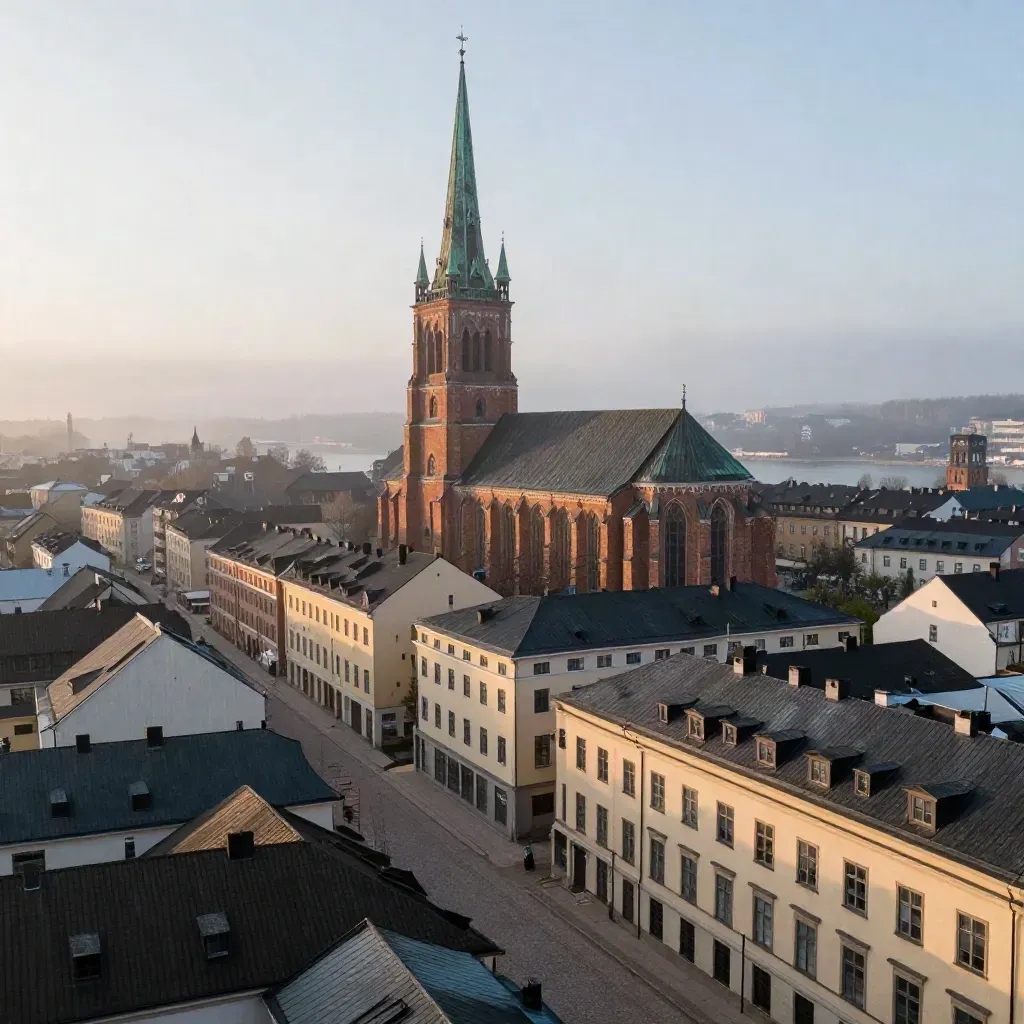 Uppsala domkyrka över hustaken i morgondimma och mjukt morgonljus