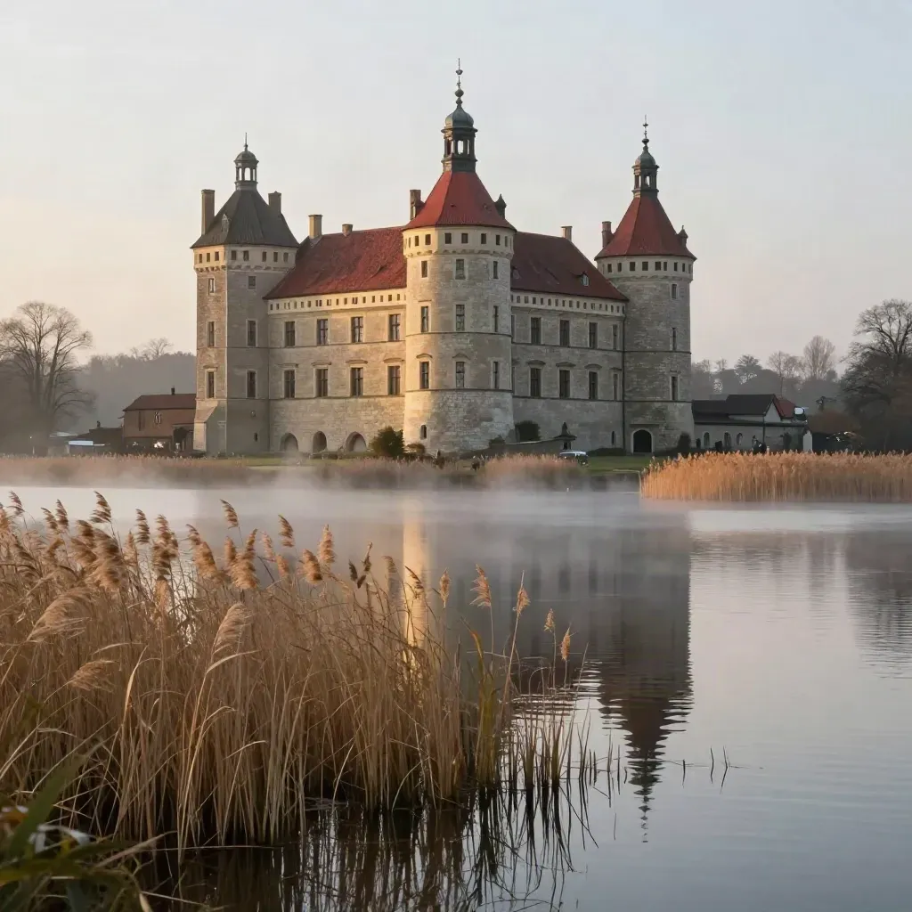 Gripsholm slott över stilla vatten med vass och mjuk dimma.
