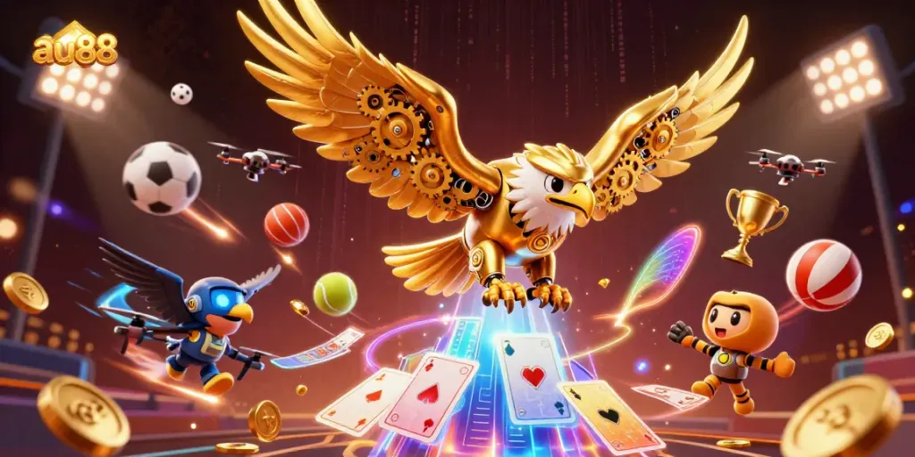 Experience excitement with au88 as a golden eagle soars through vibrant playing cards and sports elements.
