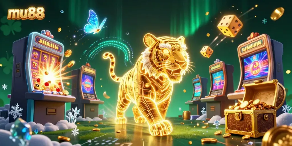 Experience the excitement at mu88 with a vibrant scene featuring golden tiger, jackpot slots, and colorful game elements.