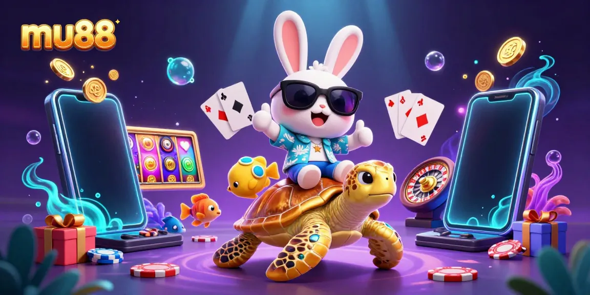 Join the fun with mu88 as the lucky rabbit rides a golden turtle amid vibrant underwater casino excitement.