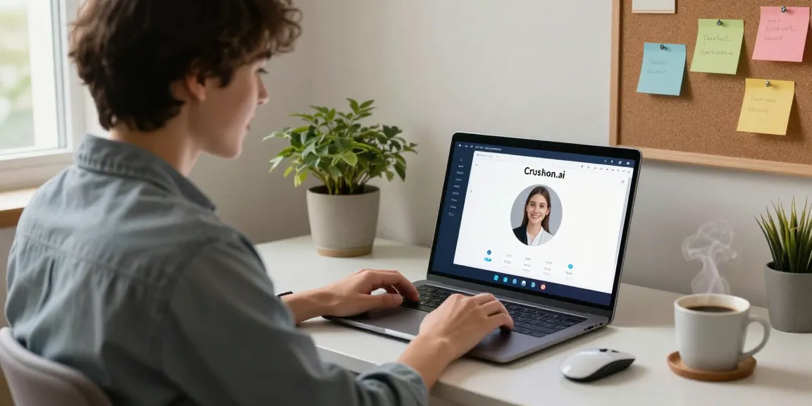 Interactive scene of a user engaging with Crush on AI chatbot in a modern home office atmosphere.