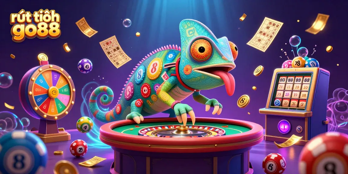 Experience rút tiền go88 with an animated chameleon and colorful dynamic gambling elements.