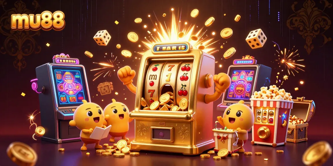 Experience the excitement of mu88 as a golden slot machine hits the jackpot, surrounded by jubilant smaller machines and festive elements.