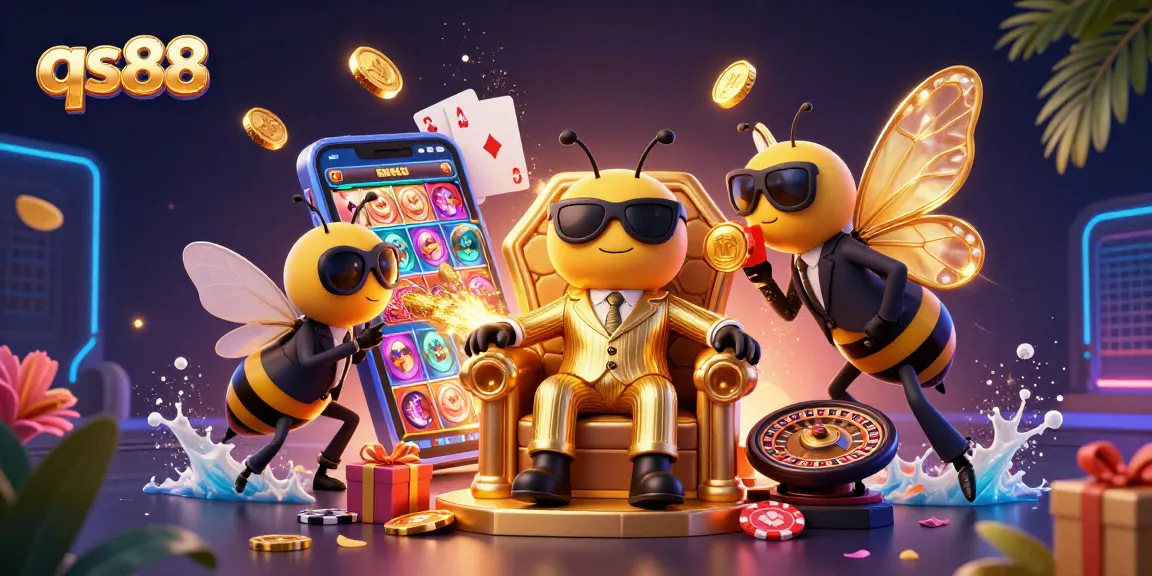 Join the excitement at qs88 with a vibrant 3D casino scene featuring games and sparkling rewards.