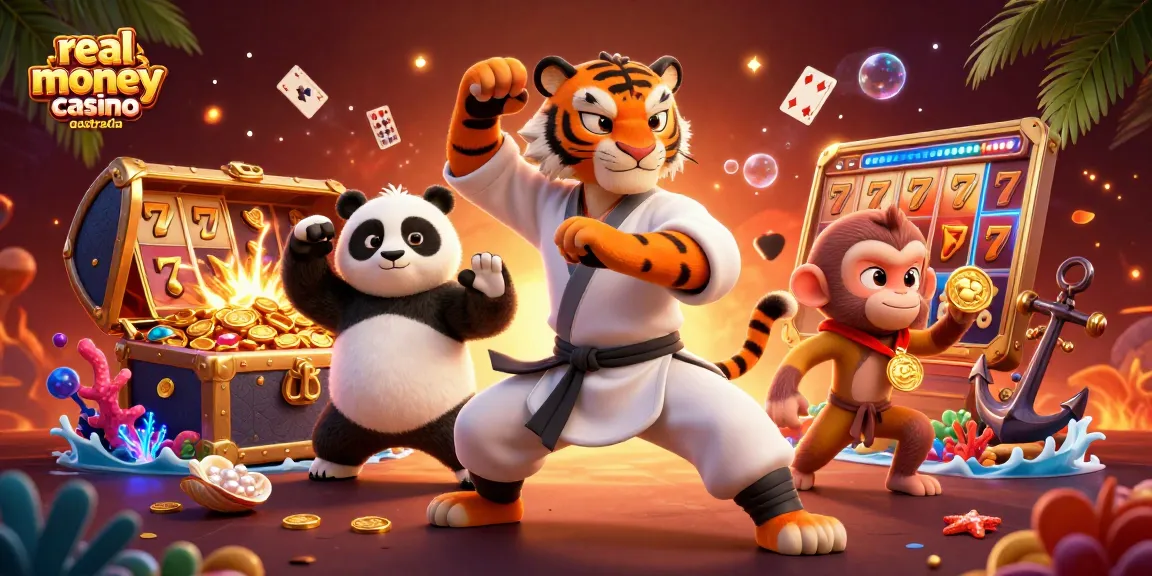 Explore real money casino Australia with a vibrant scene featuring kung fu tiger, panda, and monkey.